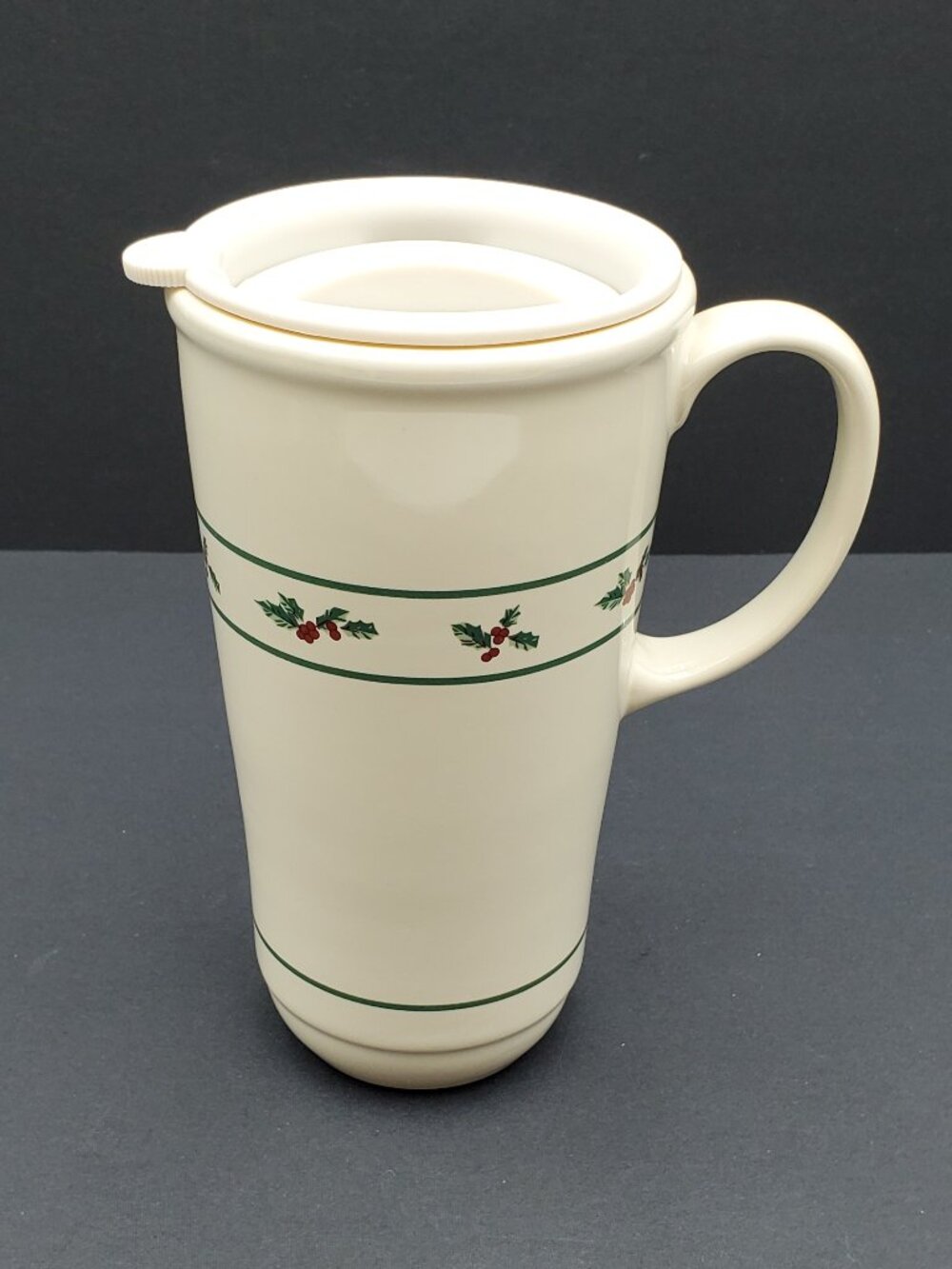 Longaberger Pottery Traditional Holly Travel Mug Tall Holly Berries Commuter Mug